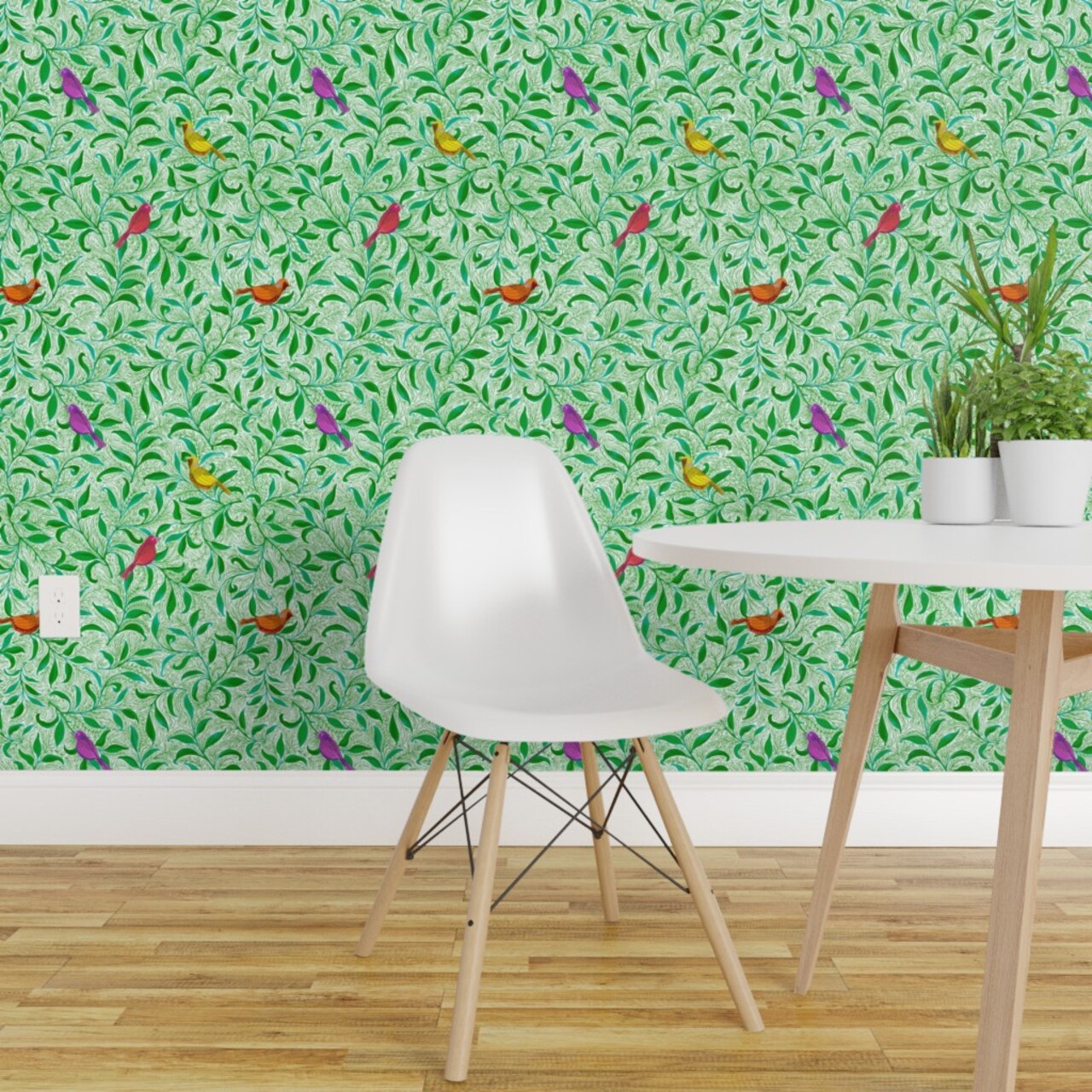 Peel & Stick Wallpaper 2FT Wide Nature Green Leaves Whimsical Bird Custom Removable Wallpaper by Spoonflower